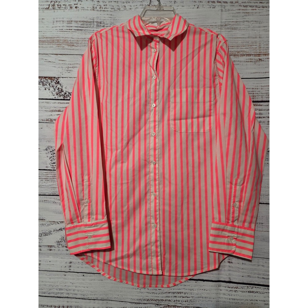 A New Day Womens Neon Pink Striped Button Down Shirt Long Sleeve M Pink October
